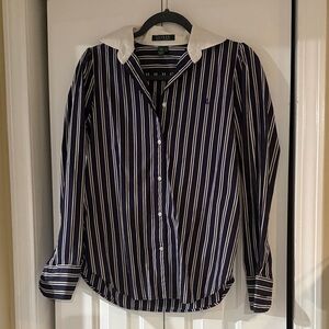Ralph Lauren Navy and White Striped Button-Down Shirt with White Collar